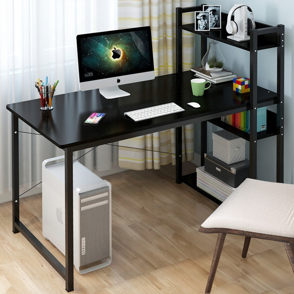 Birou modern pentru tineri cu raft încorporat - 120x55x110 cm, 3 rafturi, MDF, negru