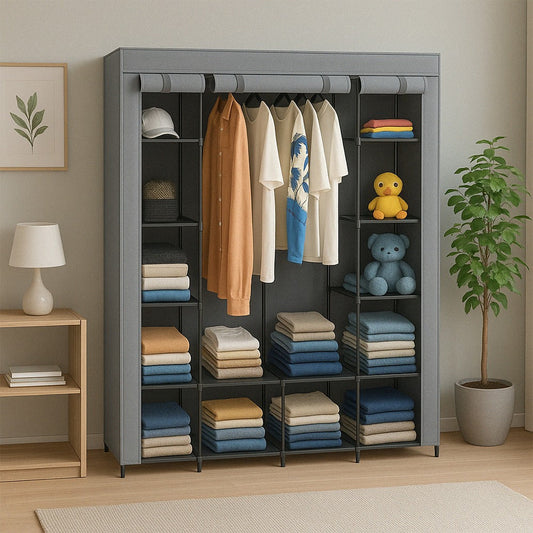 Dulap textil modular 170x45x175 cm cu 14 rafturi și 2 bare de agățat - dulap spațios cu cadru metalic