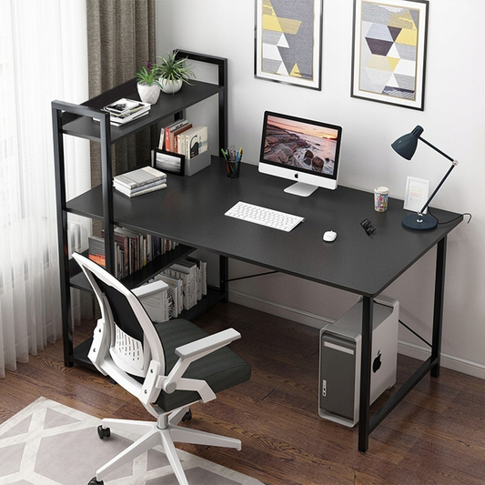 Birou modern pentru tineri cu raft încorporat - 120x55x110 cm, 3 rafturi, MDF, negru