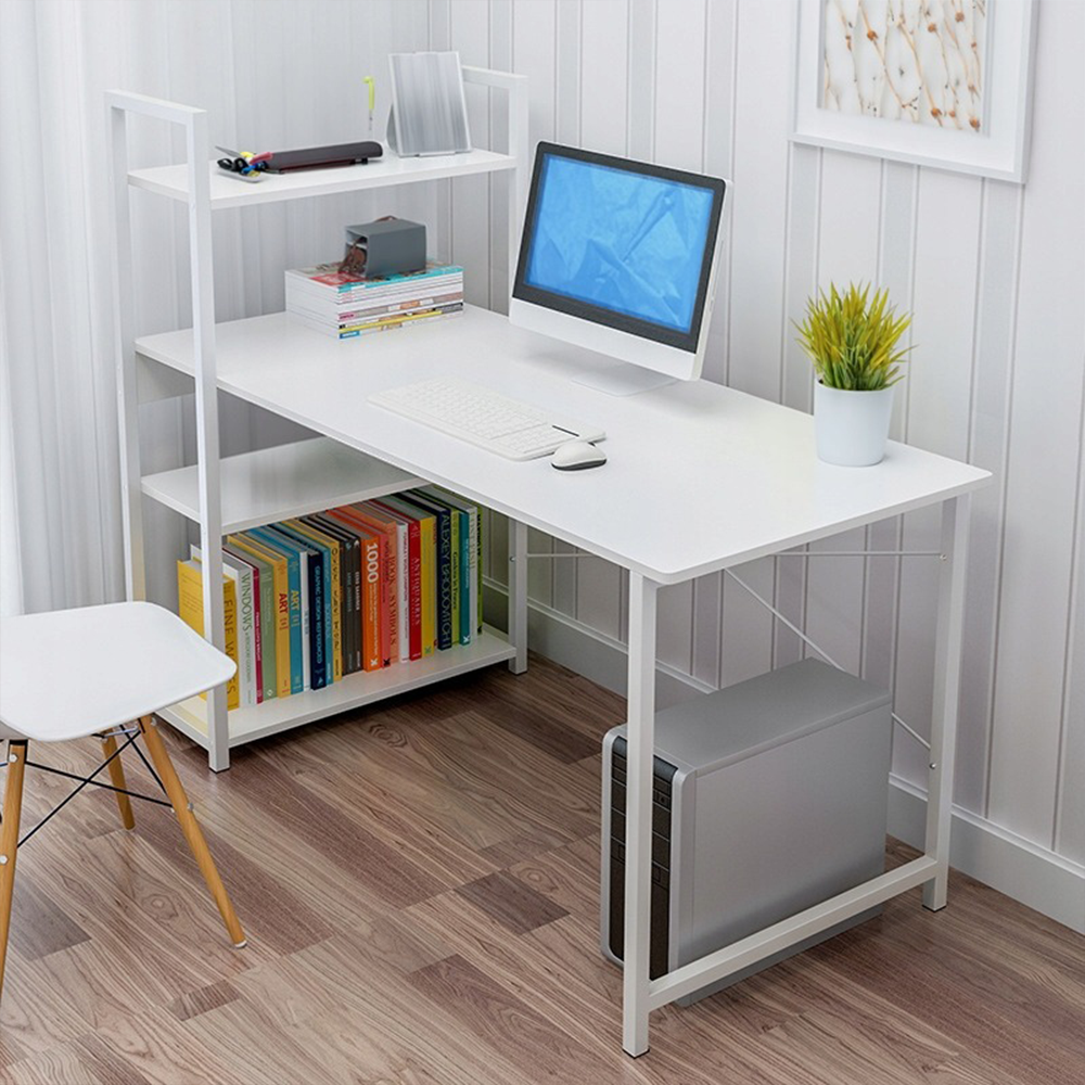 Birou modern alb cu rafturi laterale - 120x55x72 cm - ideal pentru biroul de acasă