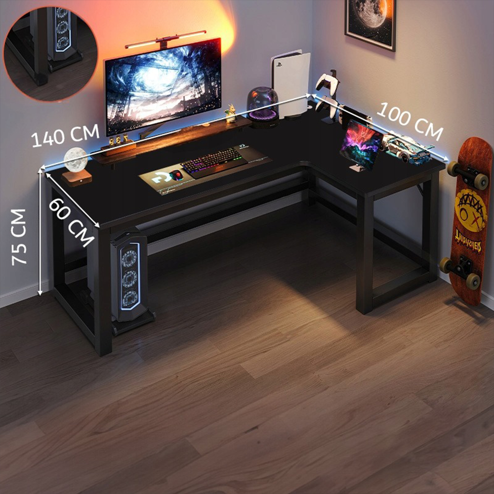 Birou gamer în formă de L 140x100 cm - stil loft modern, negru, ergonomic