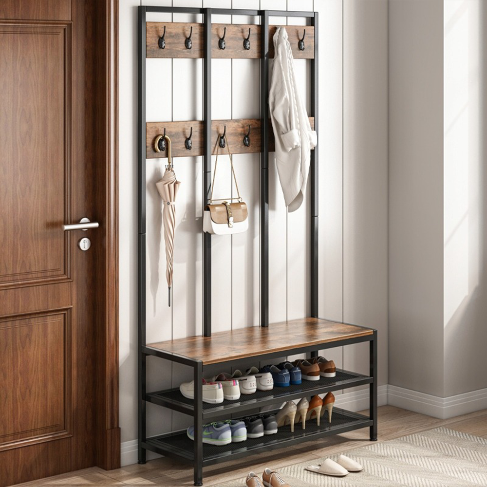 Dulap de intrare cu bancă și raft pentru pantofi 100x40x186 cm - stil industrial, culoare maro închis