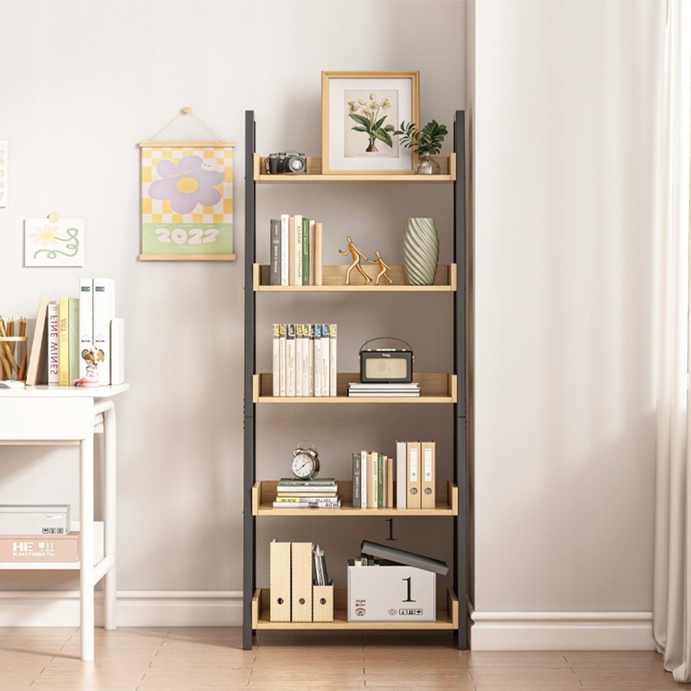Bibliotecă cu trepte 158x63x30 cm - stil Loft, stejar deschis și negru, 5 rafturi