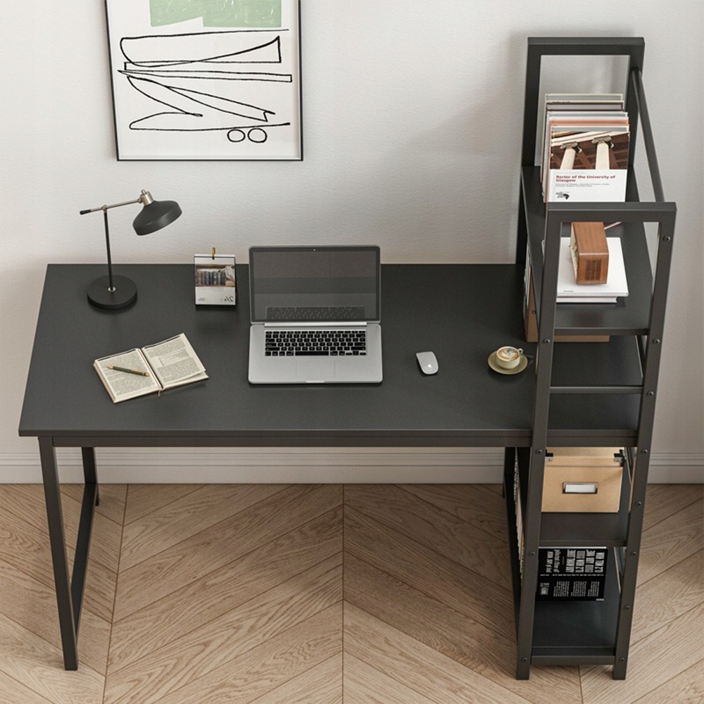 Birou negru în stil industrial cu raft încorporat - 120 cm | Design loft cu rafturi laterale