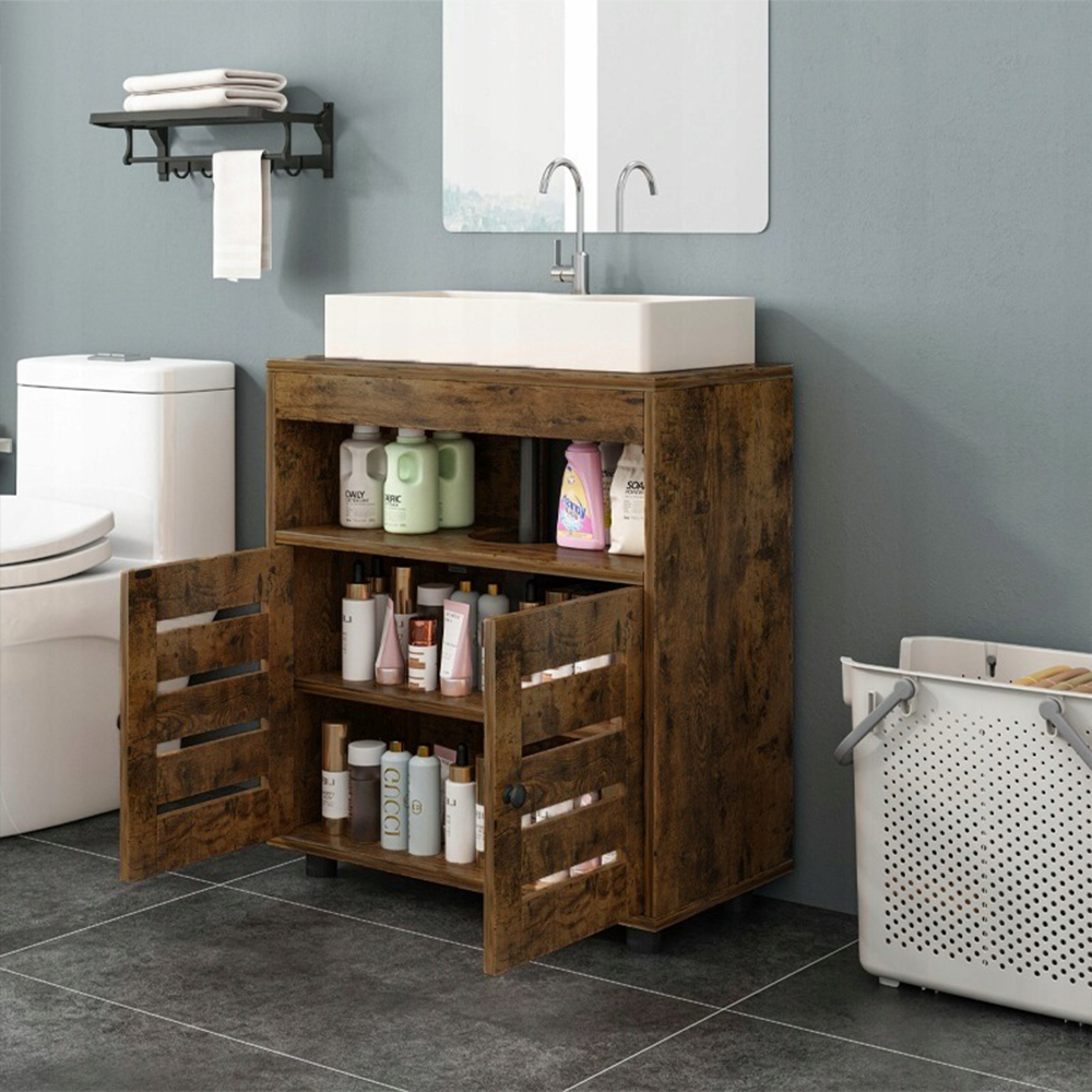 Dulap vanitatea baie - 60 cm, maro rustic, cu rafturi și uși