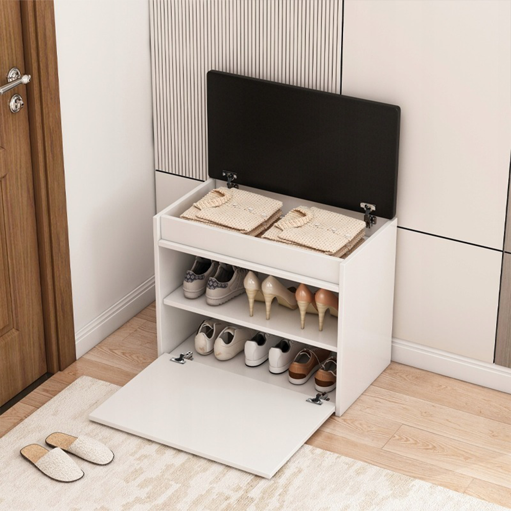 Dulap pantofi alb cu bancă - 60 × 49 × 35 cm - bancă cu depozitare