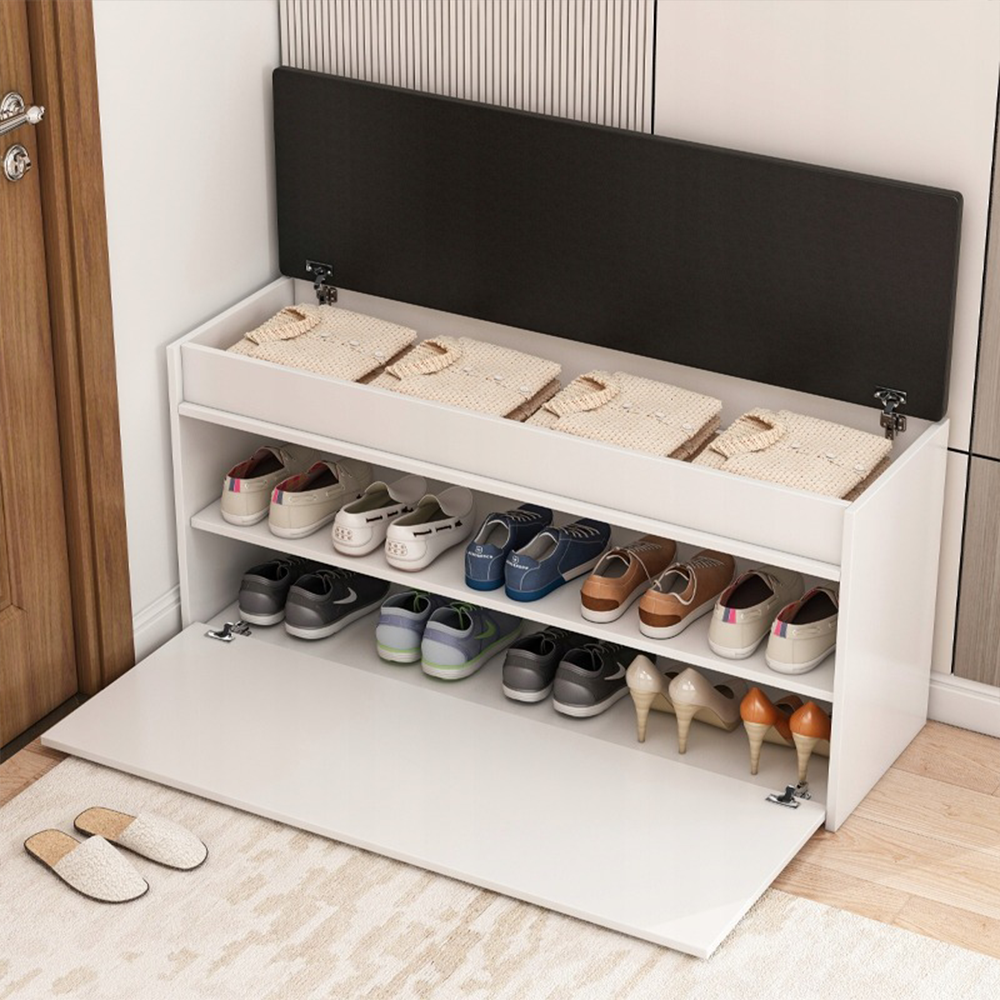 Dulap de pantofi alb cu bancă căptușită și depozitare - 100x49x35 cm