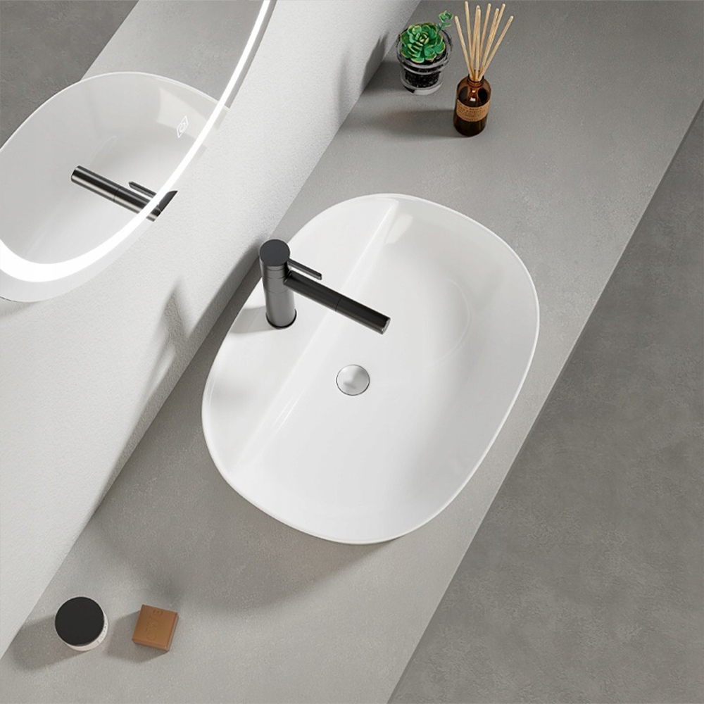 Chiuvetă ovală din ceramică albă lucioasă pentru blat - 50x38 cm, cu deschidere pentru robinet