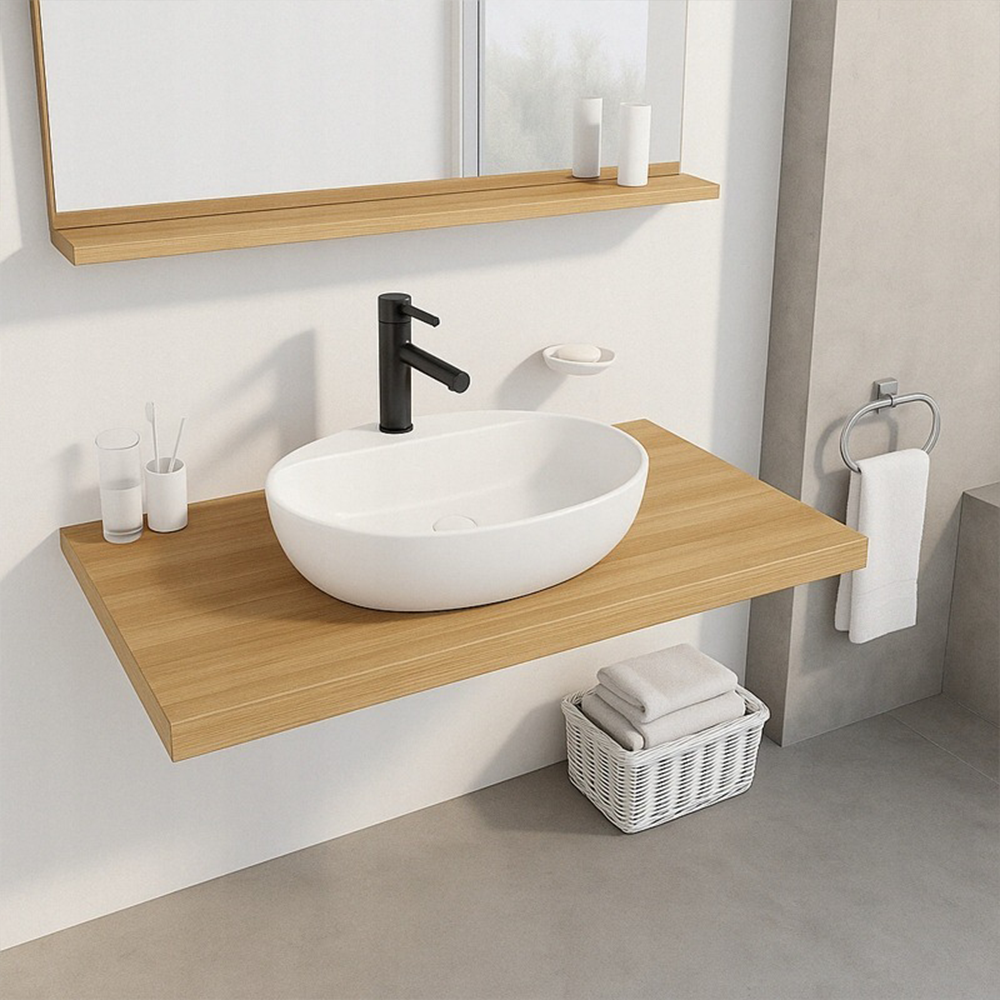 Chiuvetă ovală din ceramică albă lucioasă pentru blat - 50x38 cm, cu deschidere pentru robinet