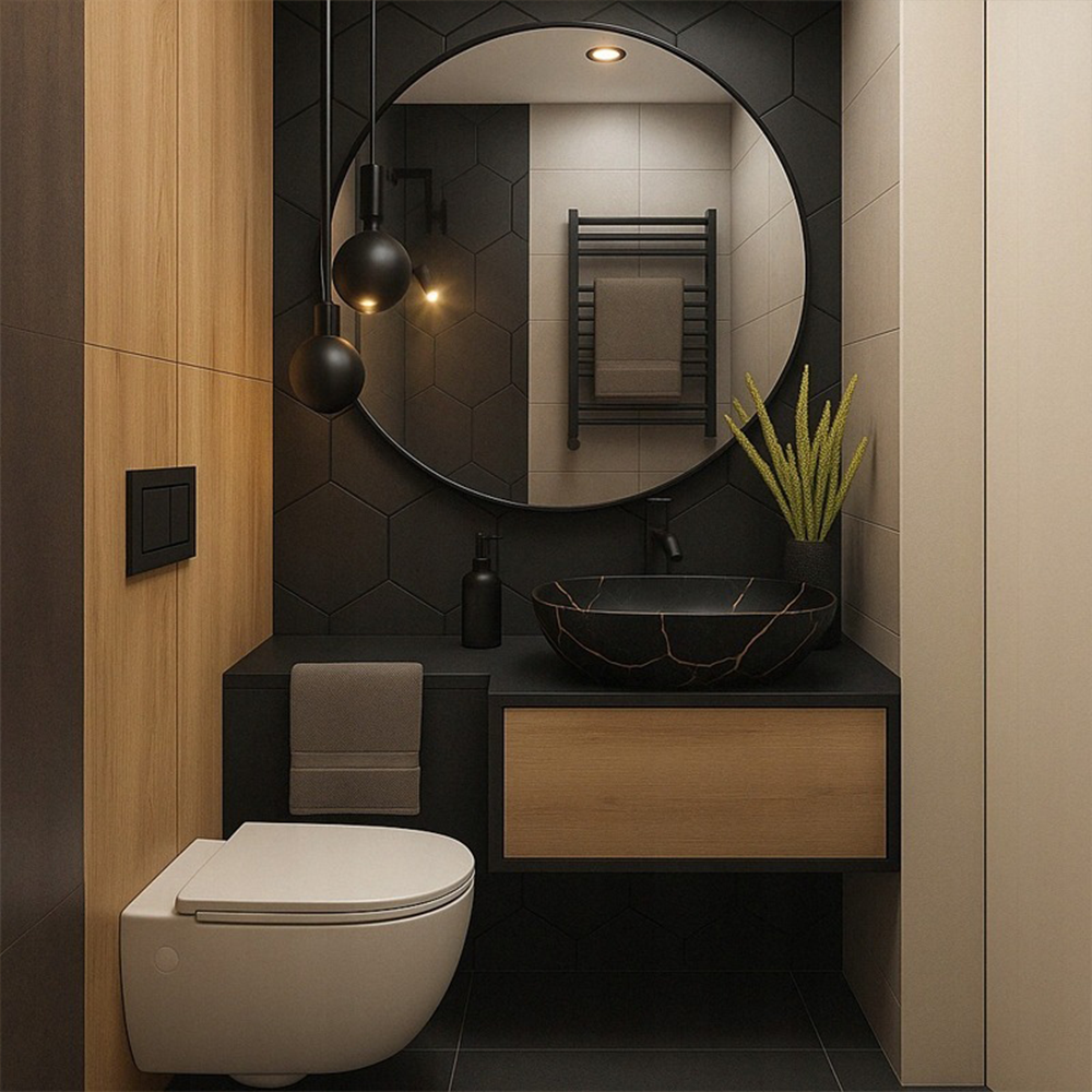 Lavoar cu blat ceramic - negru mat, efect marmură, 46,5x33 cm, design modern