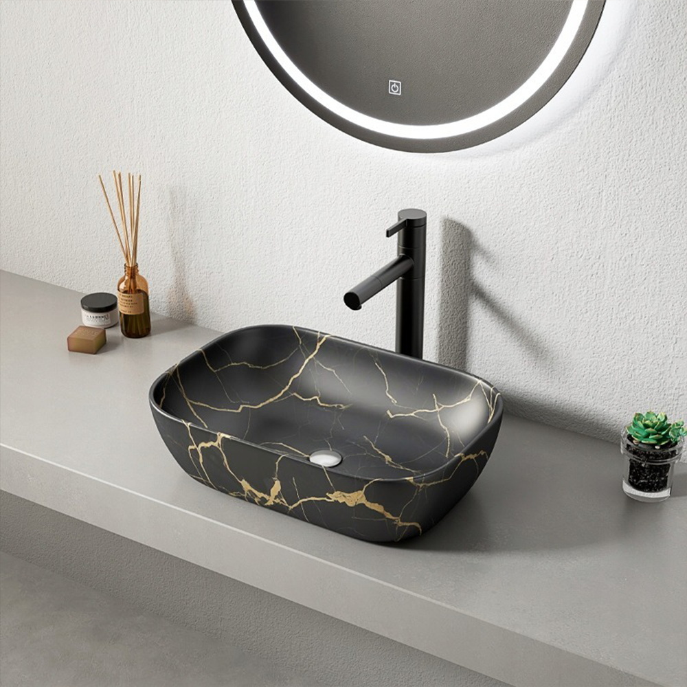 Lavoar cu blat ceramic - negru mat, efect marmură, 46,5x33 cm, design modern