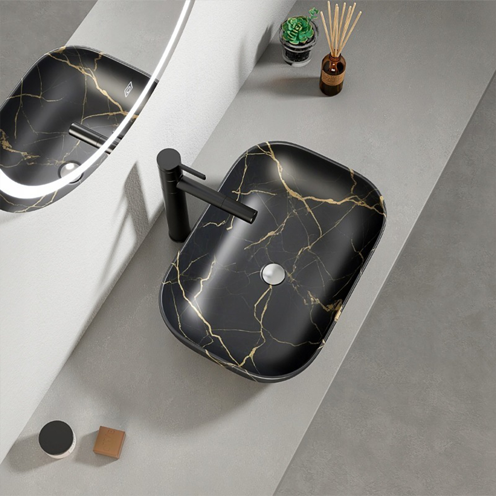 Lavoar cu blat ceramic - negru mat, efect marmură, 46,5x33 cm, design modern