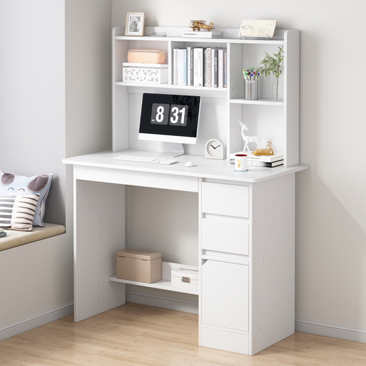 Birou alb pentru tineri cu raft încorporat, 100x45x131 cm - colț modern de studiu și de lucru