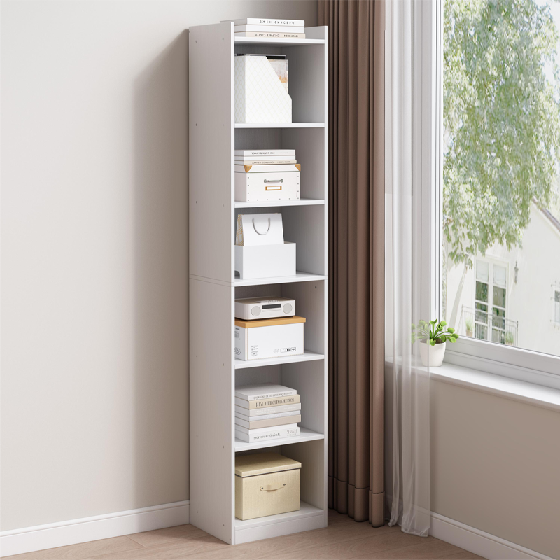 Dulap alb cu 7 rafturi - 180x40x30 cm - suport vertical pentru cărți, stil minimalist