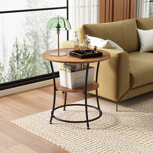 Masă de cafea rotundă industrială pentru camera de zi cu raft, maro loft 55 cm