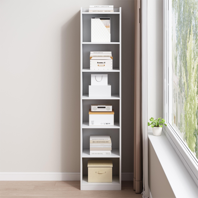 Dulap alb cu 7 rafturi - 180x40x30 cm - suport vertical pentru cărți, stil minimalist