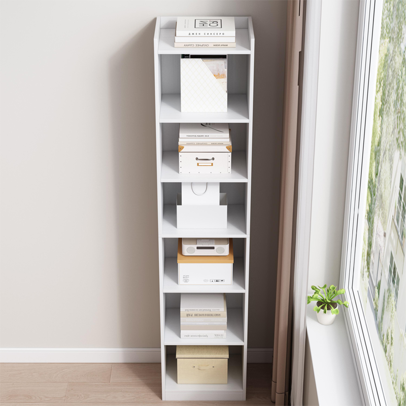 Dulap alb cu 7 rafturi - 180x40x30 cm - suport vertical pentru cărți, stil minimalist