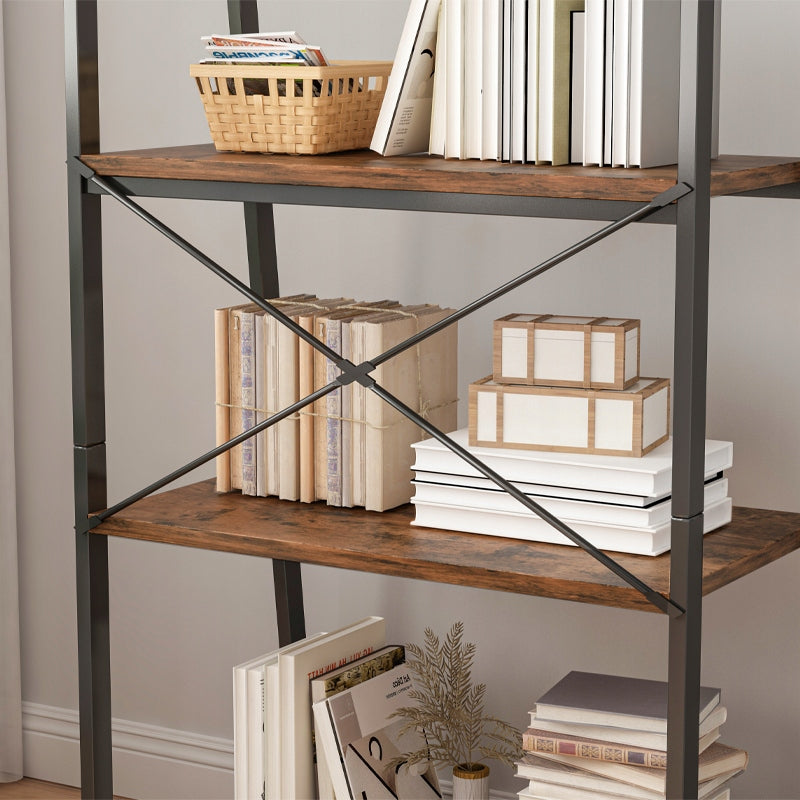Bibliotecă rustică cu 5 rafturi - 56x34x172 cm, cadru metalic negru și MDF cu efect de lemn închis