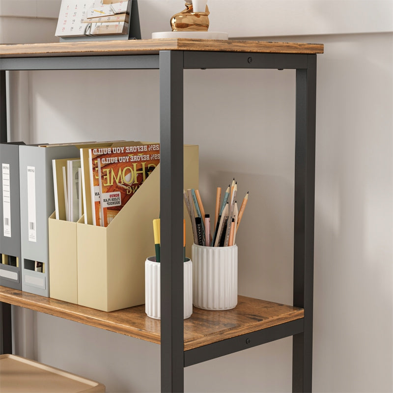 Etajeră industrială de birou, stil loft, din lemn, cu 2 rafturi, consolă, maro rustic.