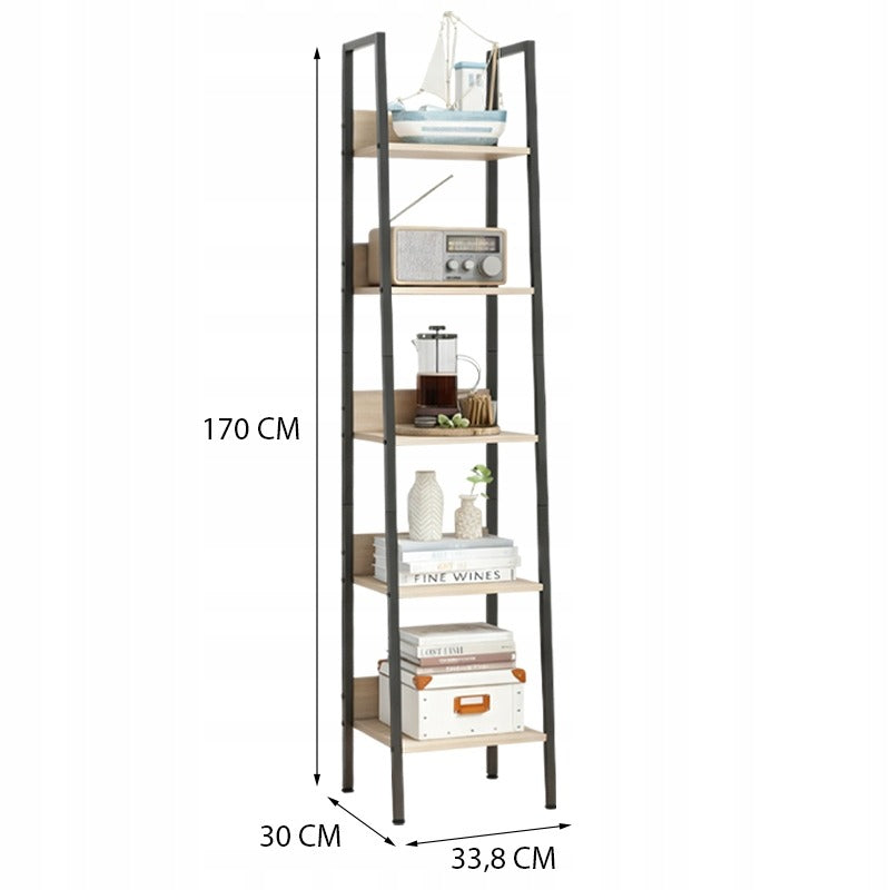 Bibliotecă industrială înaltă, maro deschis, 5 rafturi, stil scară