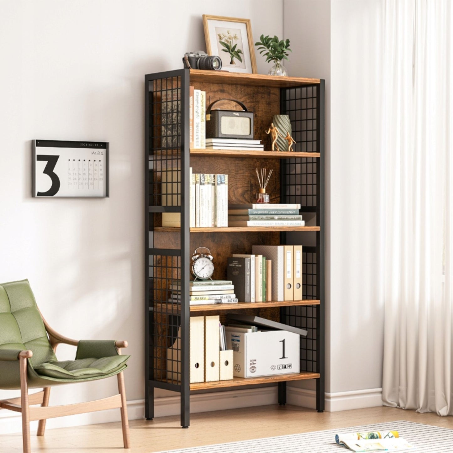 Dulap în stil industrial - 74x30x155 cm, 5 rafturi, MDF și metal, stil loft, design compact și robust