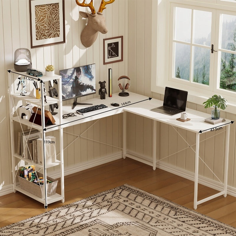 Birou de colț pentru computer cu rafturi și bibliotecă, alb, stil industrial loft, 144 cm