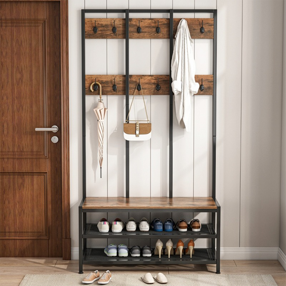 Dulap de intrare cu bancă și raft pentru pantofi 100x40x186 cm - stil industrial, culoare maro închis