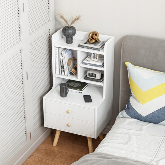 Noptieră albă cu 2 sertare și rafturi deschise - 36x43x90 cm, stil scandinav