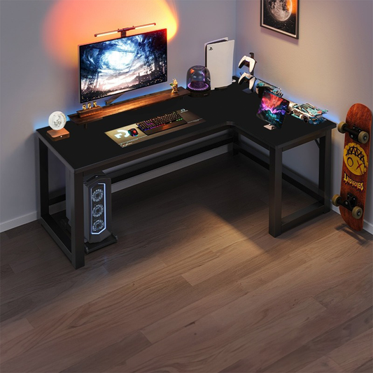 Birou gamer în formă de L 140x100 cm - stil loft modern, negru, ergonomic