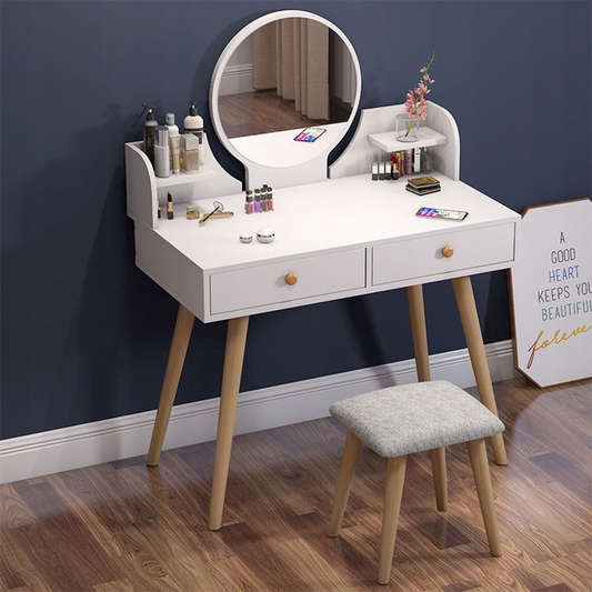 Măsuță de toaletă albă cu oglindă și sertare - stil scandinav și depozitare practică