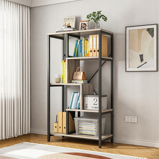 Bibliotecă în stil industrial cu 8 rafturi - 132x74x35 cm | Negru și maro | Design loft modern