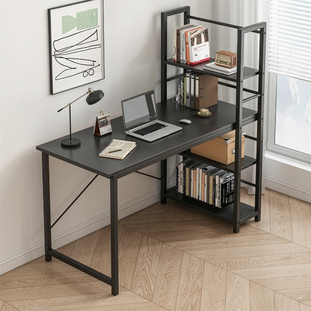 Birou negru în stil industrial cu raft încorporat - 120 cm | Design loft cu rafturi laterale