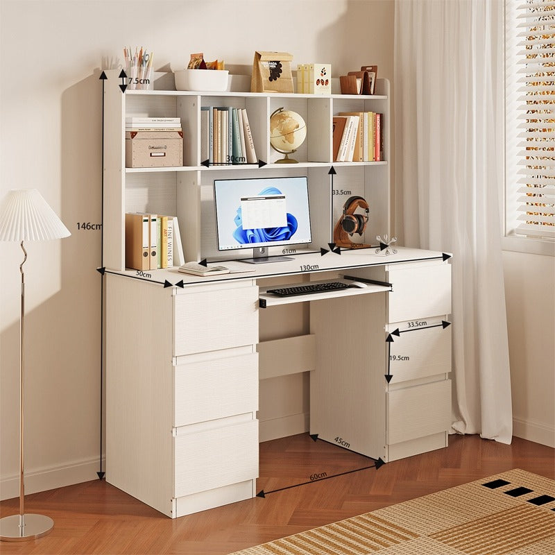 Birou modern cu extensie – alb, 6 sertare