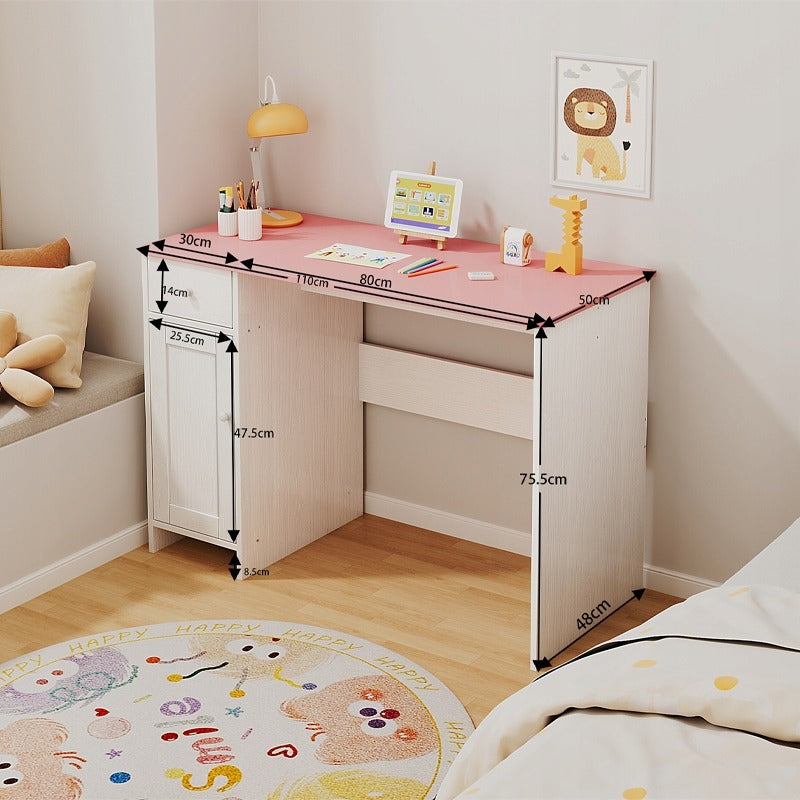 Birou alb cu sertar și dulap pentru fete, cu blat roz, stil loft, spațios