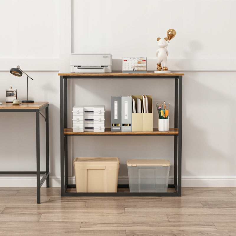 Etajeră industrială de birou, stil loft, din lemn, cu 2 rafturi, consolă, maro rustic.