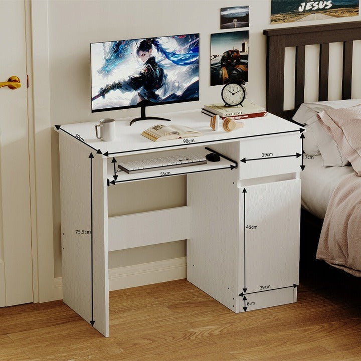 Birou alb pentru computer – birou modern pentru tineri, cu sertar și raft