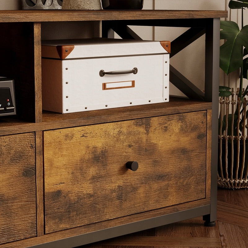 Comodă TV vintage de tip loft cu 3 sertare, maro rustic, 143 cm