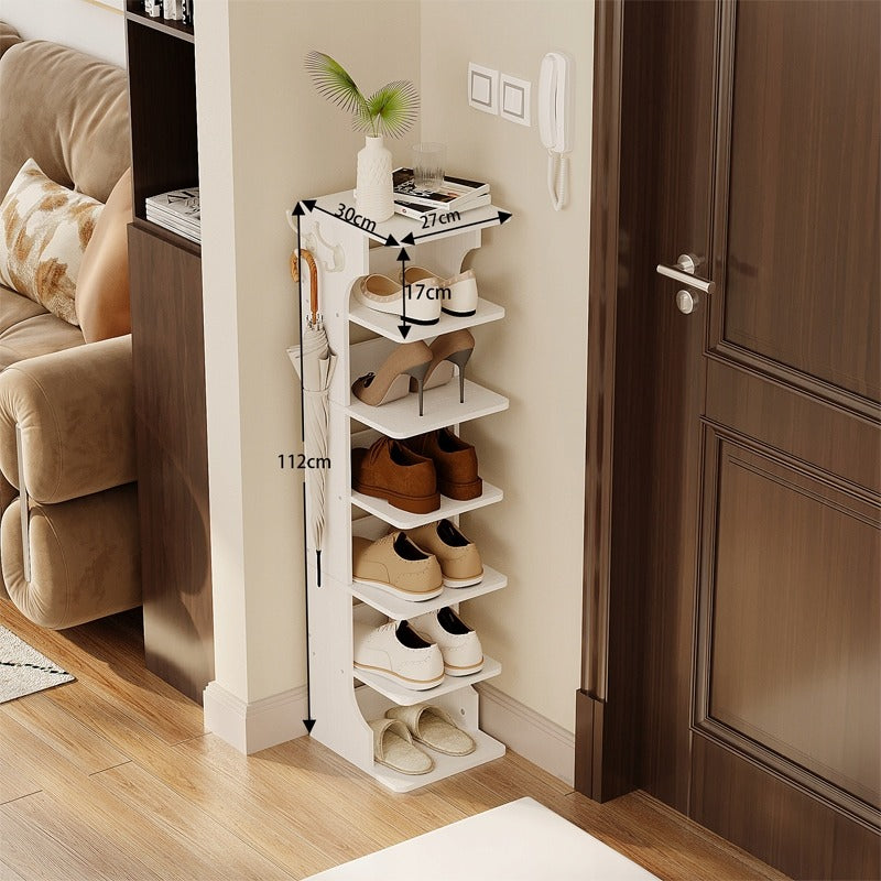 Dulap funcțional îngust pentru pantofi, alb, cu 6 rafturi, 2 cârlige, 112 cm