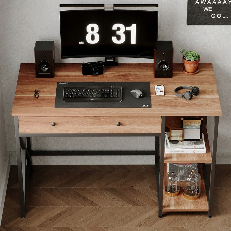 Birou de calculator Loft Industrial Maro Deschis cu Sertar și Rafturi 120cm