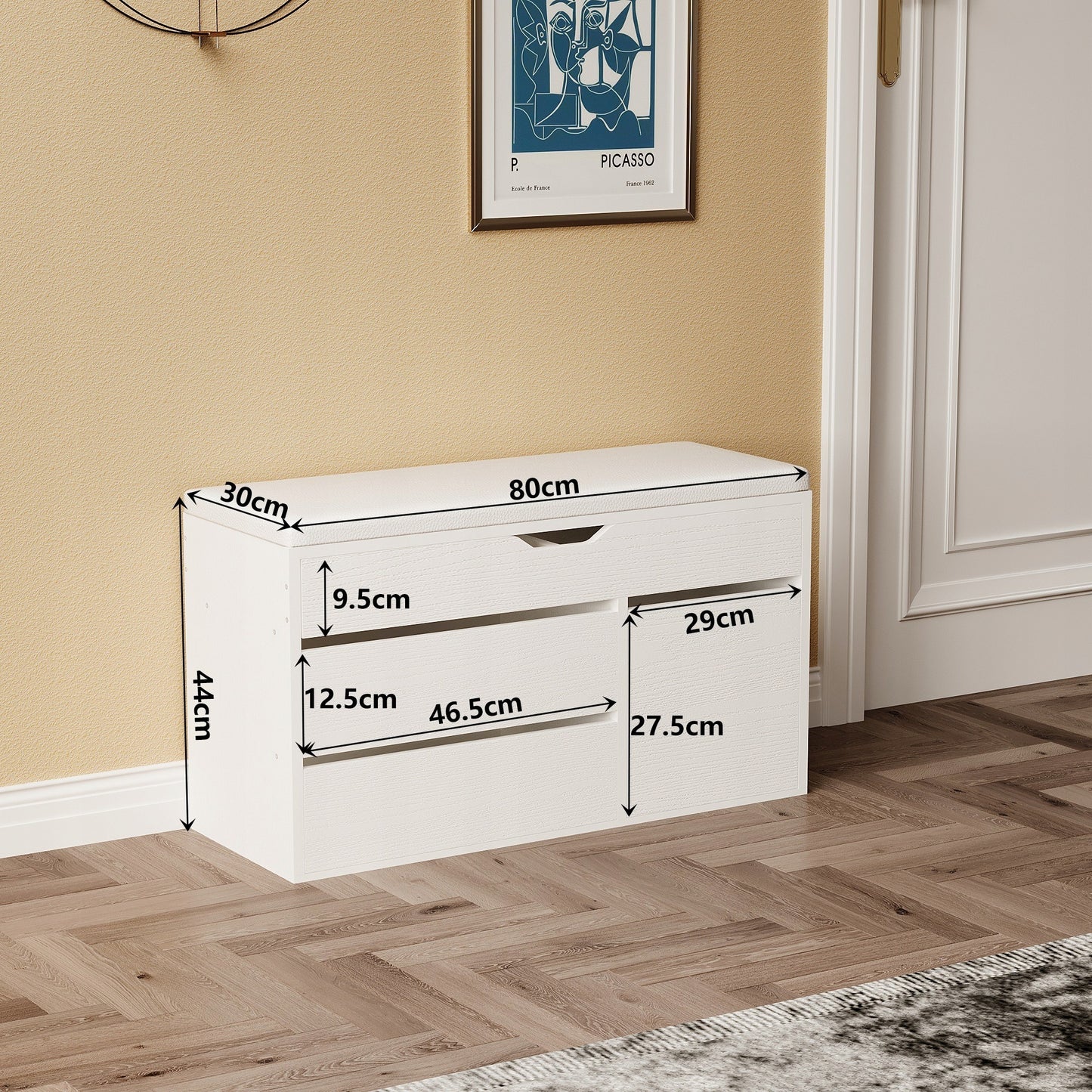 Dulap pentru pantofi cu scaun, din lemn, cu compartiment de depozitare și rafturi, cu ușă, alb, 80 cm