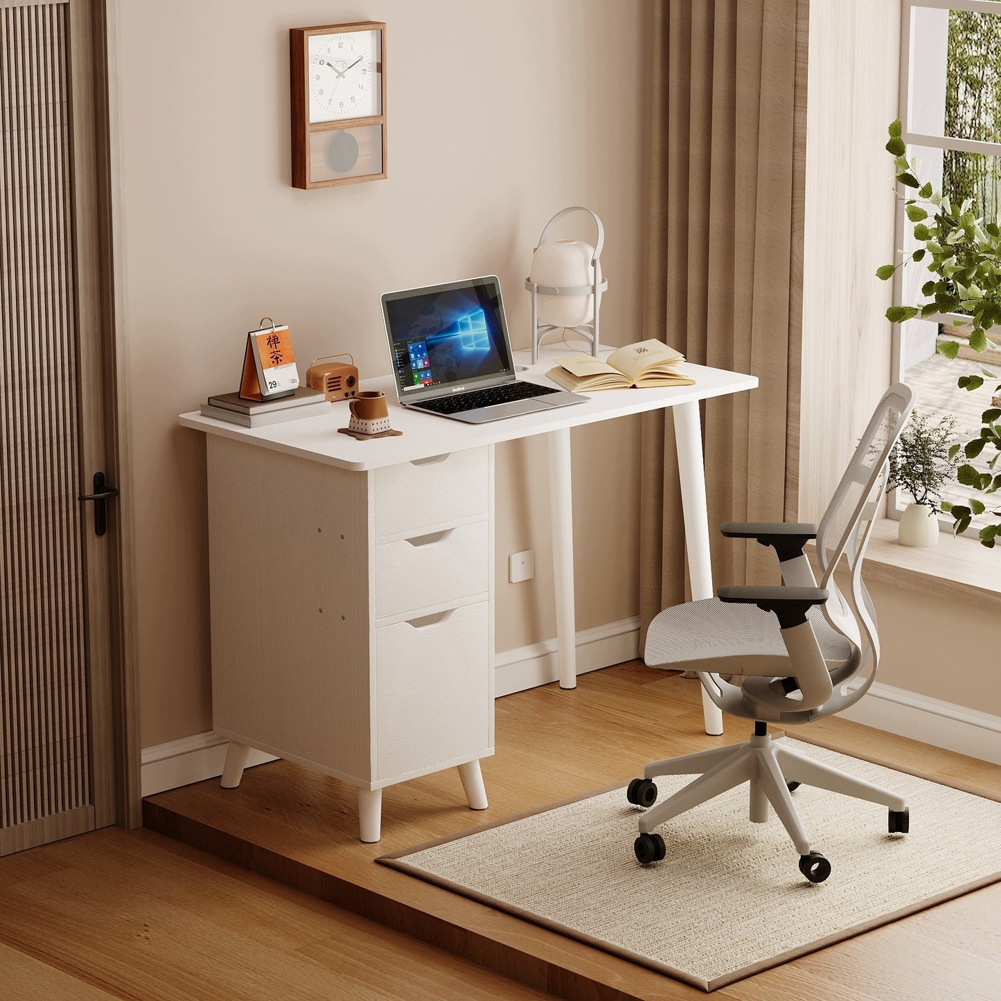 Birou alb pentru computer cu 2 sertare, în stil scandinav, pentru birou de tip loft