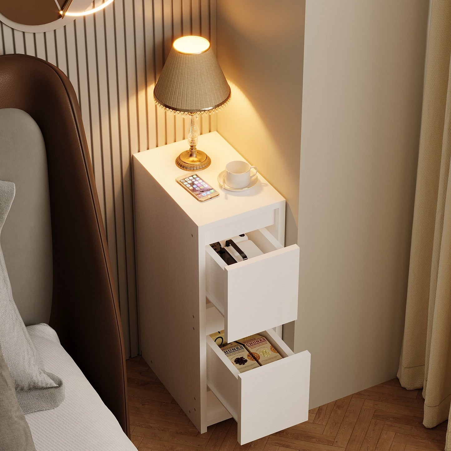 Noptieră albă cu 2 sertare - Măsuță laterală modernă tip loft pentru dormitor