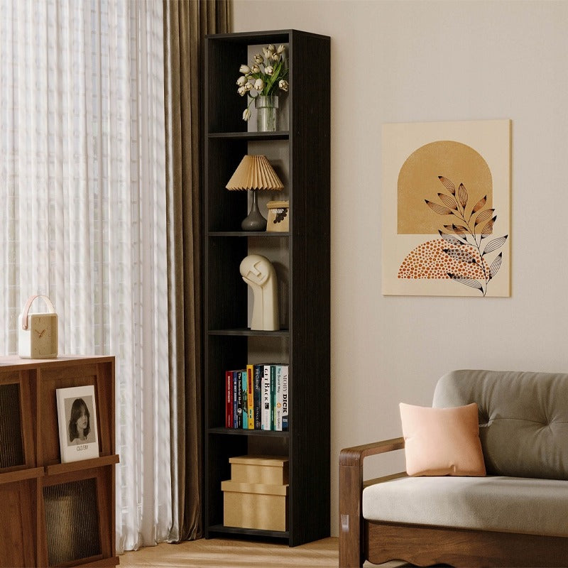 Bibliotecă verticală neagră cu rafturi înalte, dulap modern cu coloană, 190 cm