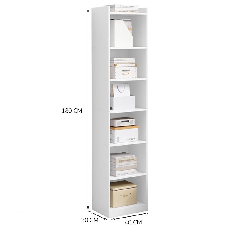 Dulap alb cu 7 rafturi - 180x40x30 cm - suport vertical pentru cărți, stil minimalist