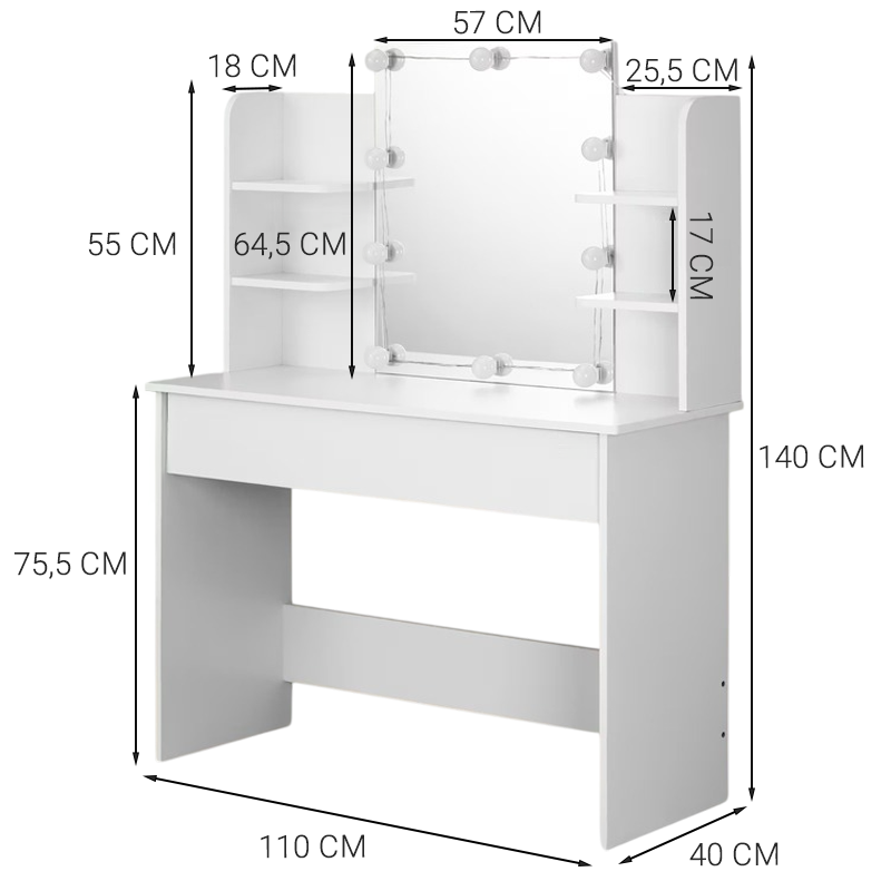 Masă de toaletă cosmetică cu oglindă LED, stil loft modern, 110 cm