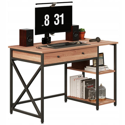 Birou de calculator Loft Industrial Maro Deschis cu Sertar și Rafturi 120cm