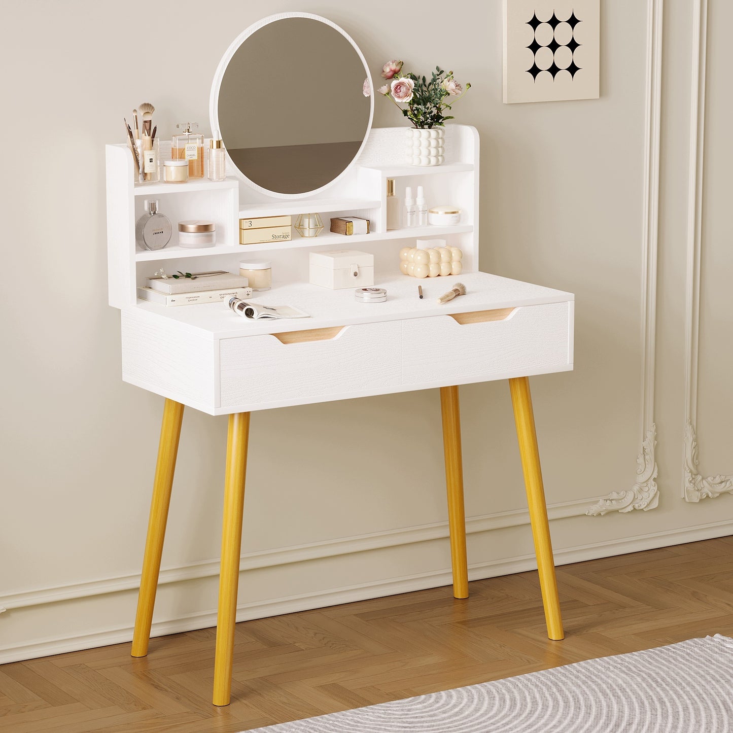 Măsuță de toaletă modernă cu oglindă și sertar, în stil scandinav, cu spațiu generos