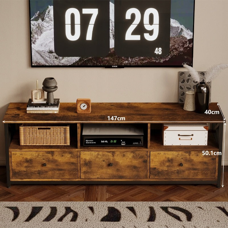 Comodă TV vintage de tip loft cu 3 sertare, maro rustic, 143 cm