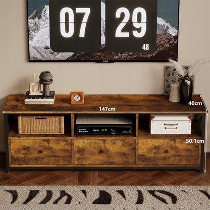 Comodă TV vintage de tip loft cu 3 sertare, maro rustic, 143 cm