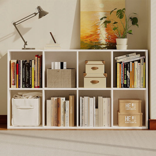 Bibliotecă deschisă, comodă cu 4x2 sertare cubice, spațioasă, albă, pentru cărți, birou, modernă